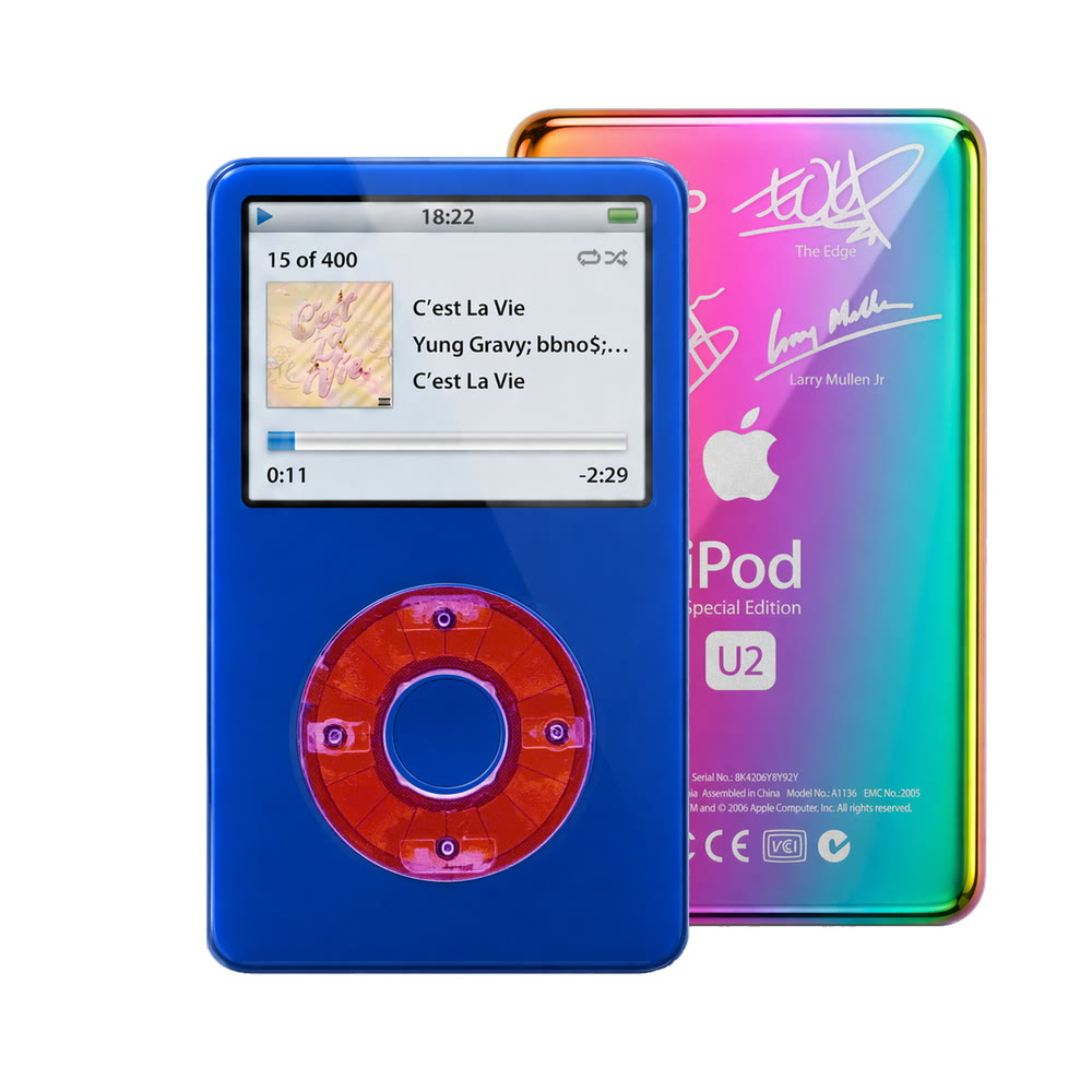 Blue refurbished iPod Video 5.5 Gen with Clear Purple click wheel and Rainbow U2 back plate