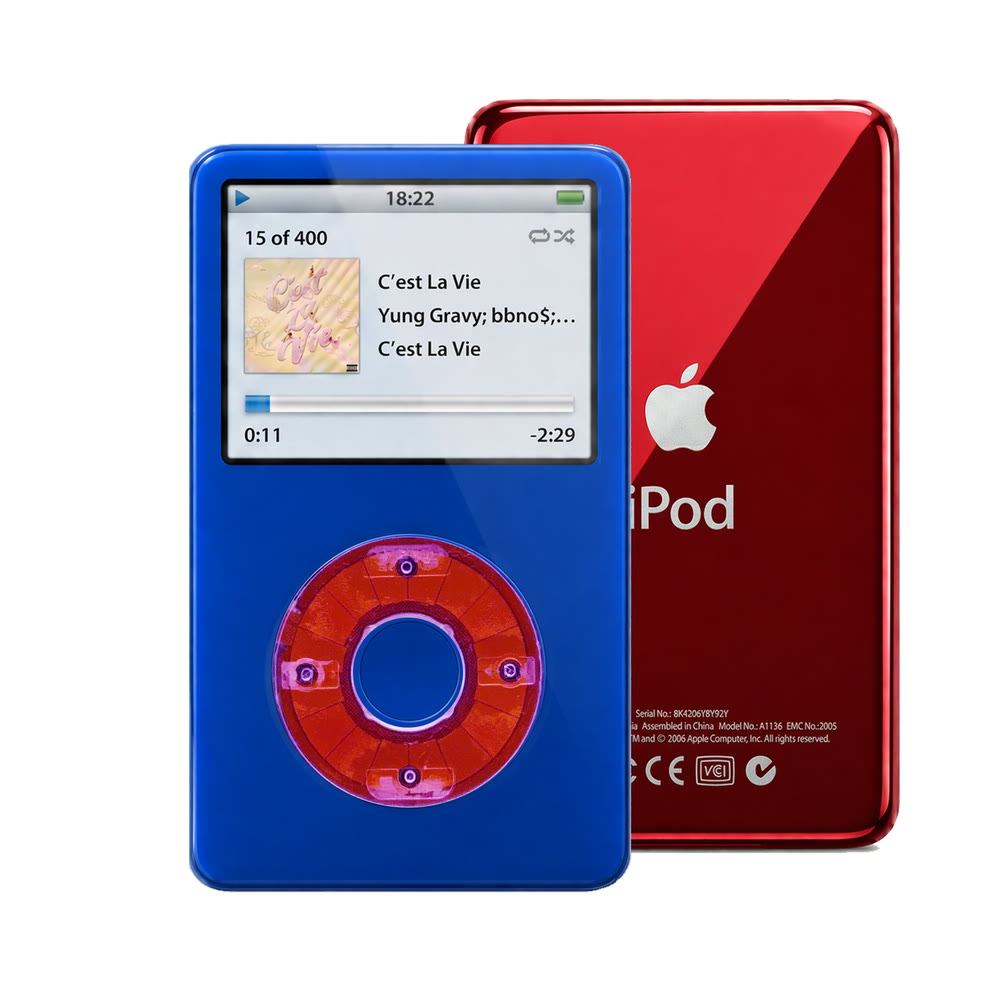 Blue refurbished iPod Video 5.5 Gen with Clear Purple click wheel and Red back plate