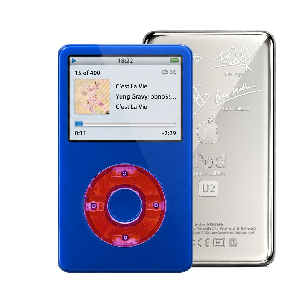 Blue refurbished iPod Video 5.5 Gen with Clear Purple click wheel and Silver U2 back plate