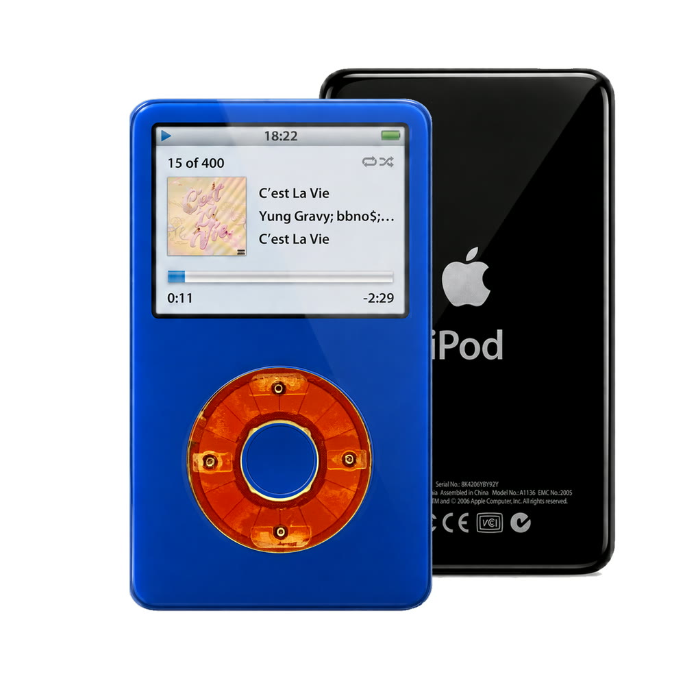 Blue refurbished iPod Video 5.5 Gen with Clear Red click wheel and Black back plate