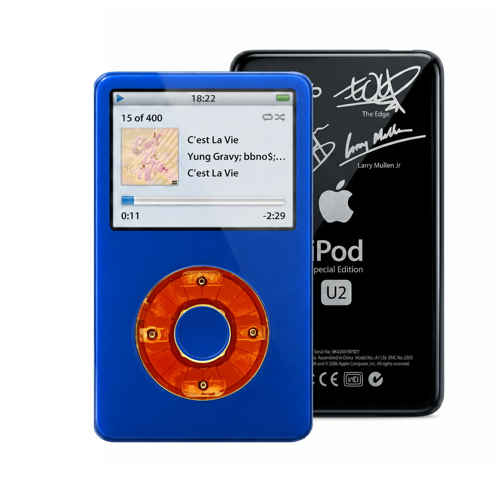 Blue refurbished iPod Video 5.5 Gen with Clear Red click wheel and Black U2 back plate