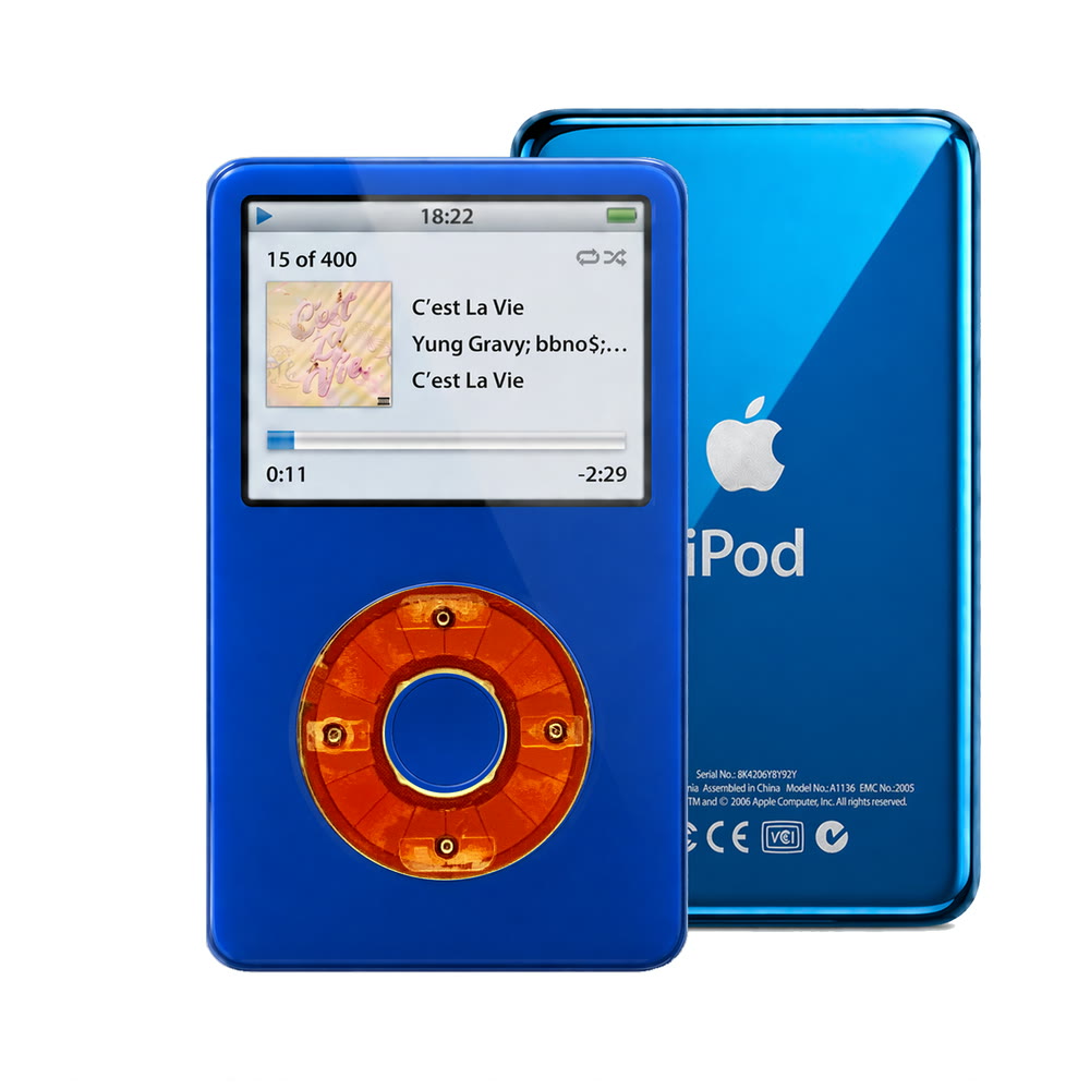 Blue refurbished iPod Video 5.5 Gen with Clear Red click wheel and Blue back plate