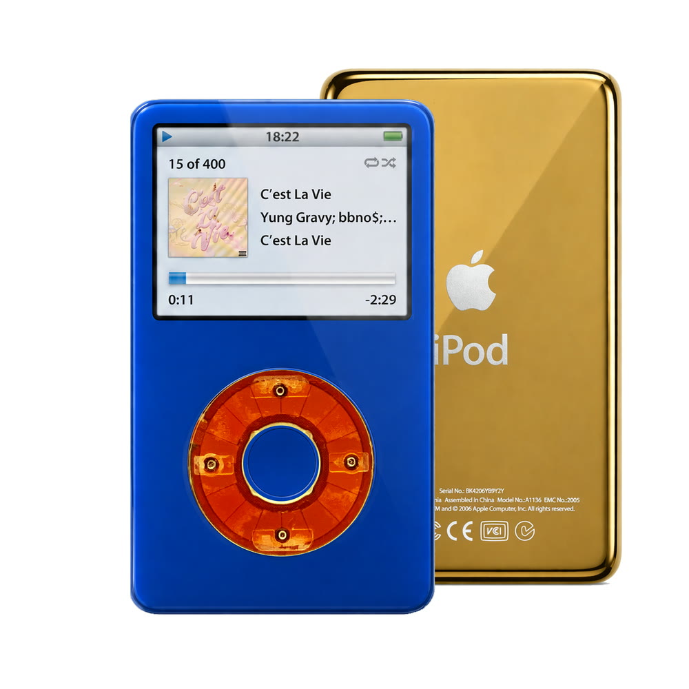 Blue refurbished iPod Video 5.5 Gen with Clear Red click wheel and Gold back plate