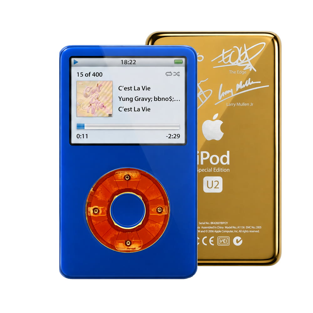 Blue refurbished iPod Video 5.5 Gen with Clear Red click wheel and Gold U2 back plate