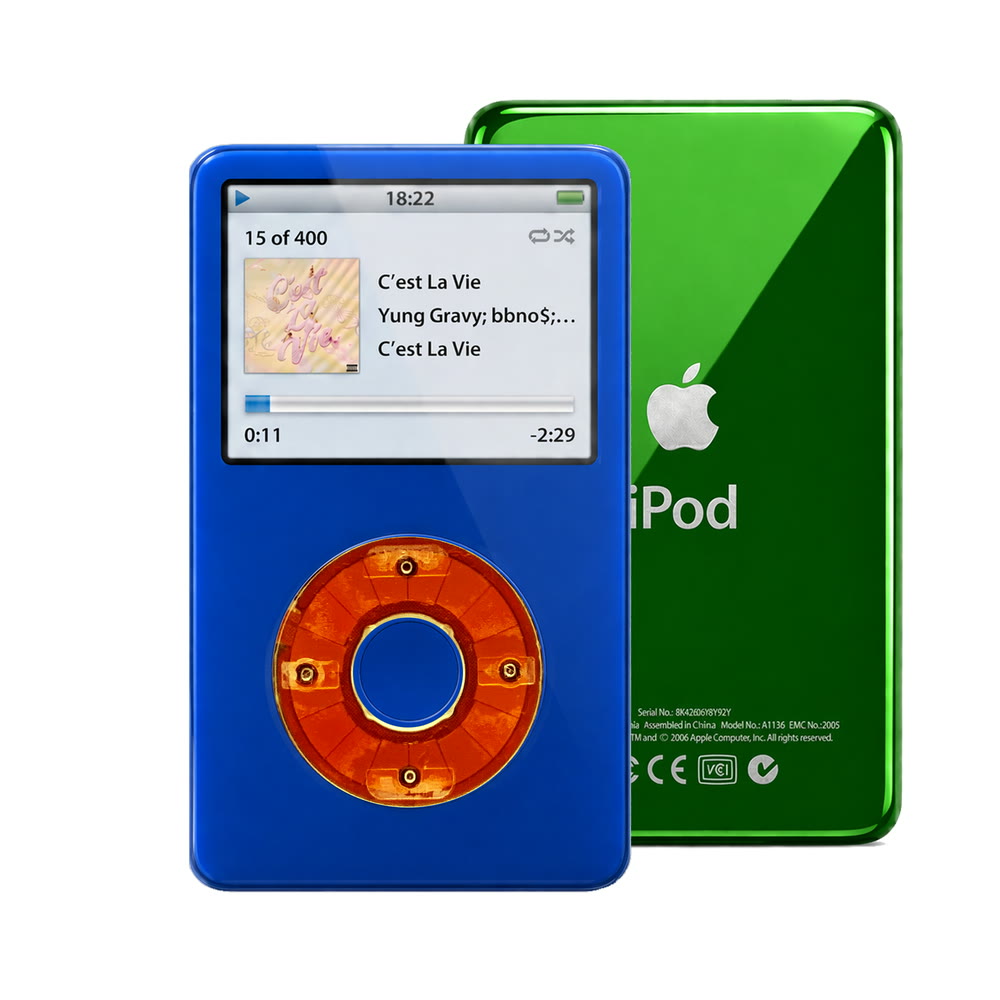 Blue refurbished iPod Video 5.5 Gen with Clear Red click wheel and Green back plate