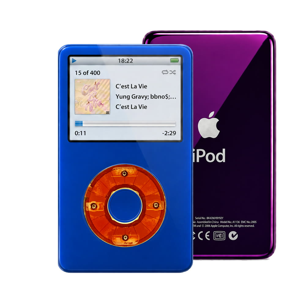 Blue refurbished iPod Video 5.5 Gen with Clear Red click wheel and Purple back plate