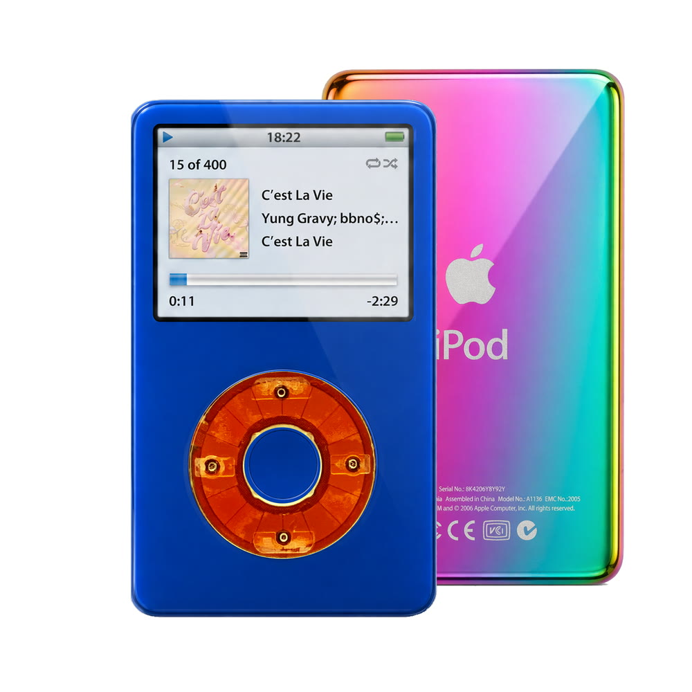 Blue refurbished iPod Video 5.5 Gen with Clear Red click wheel and Rainbow back plate
