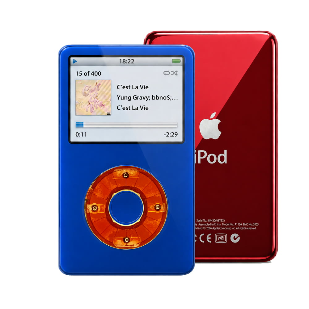 Blue refurbished iPod Video 5.5 Gen with Clear Red click wheel and Red back plate