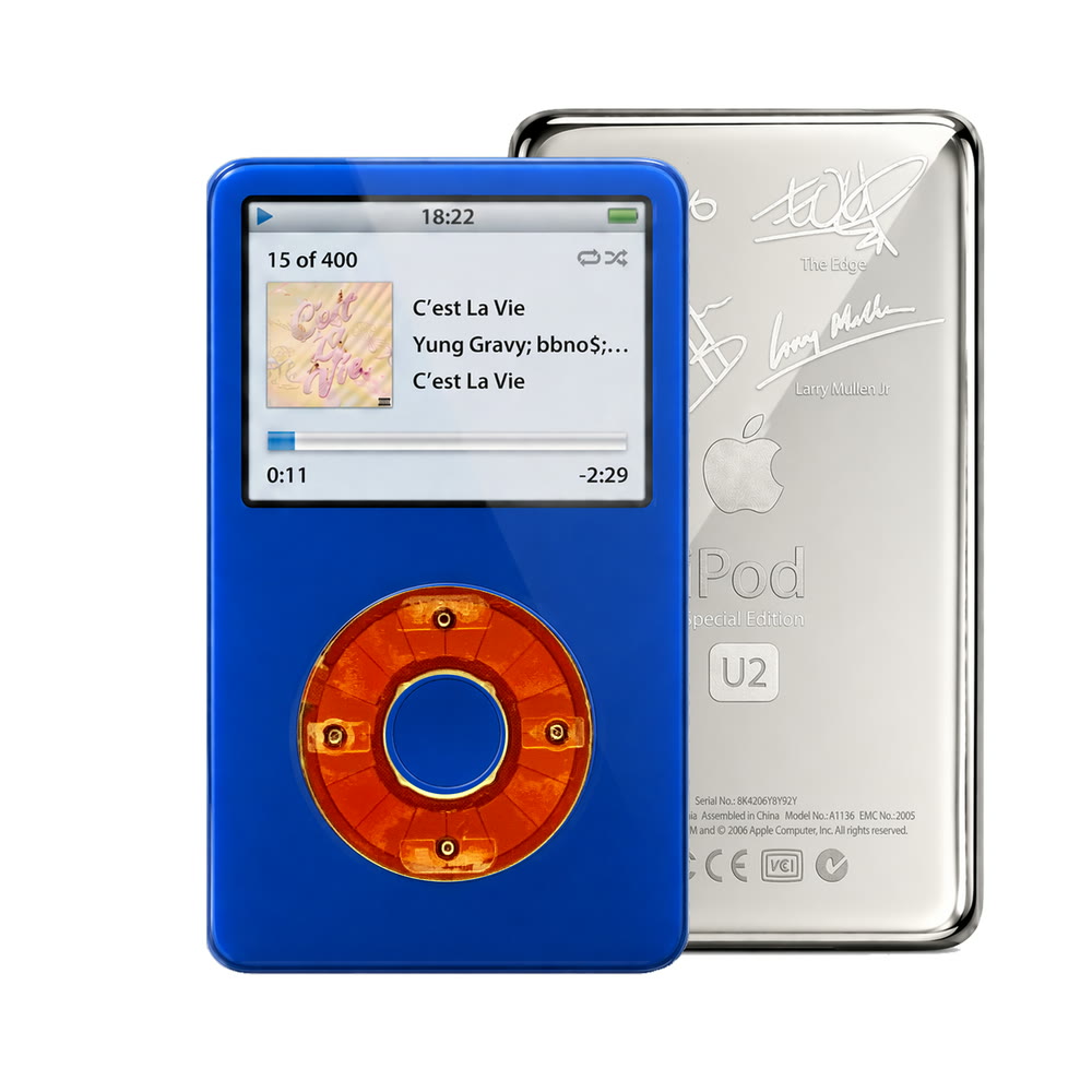Blue refurbished iPod Video 5.5 Gen with Clear Red click wheel and Silver U2 back plate