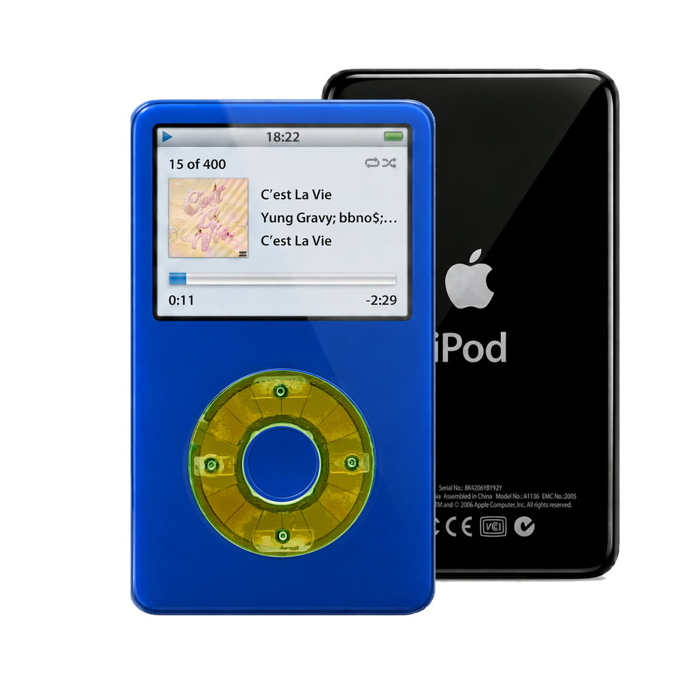 Blue refurbished iPod Video 5.5 Gen with Clear Silver Green click wheel and Black back plate