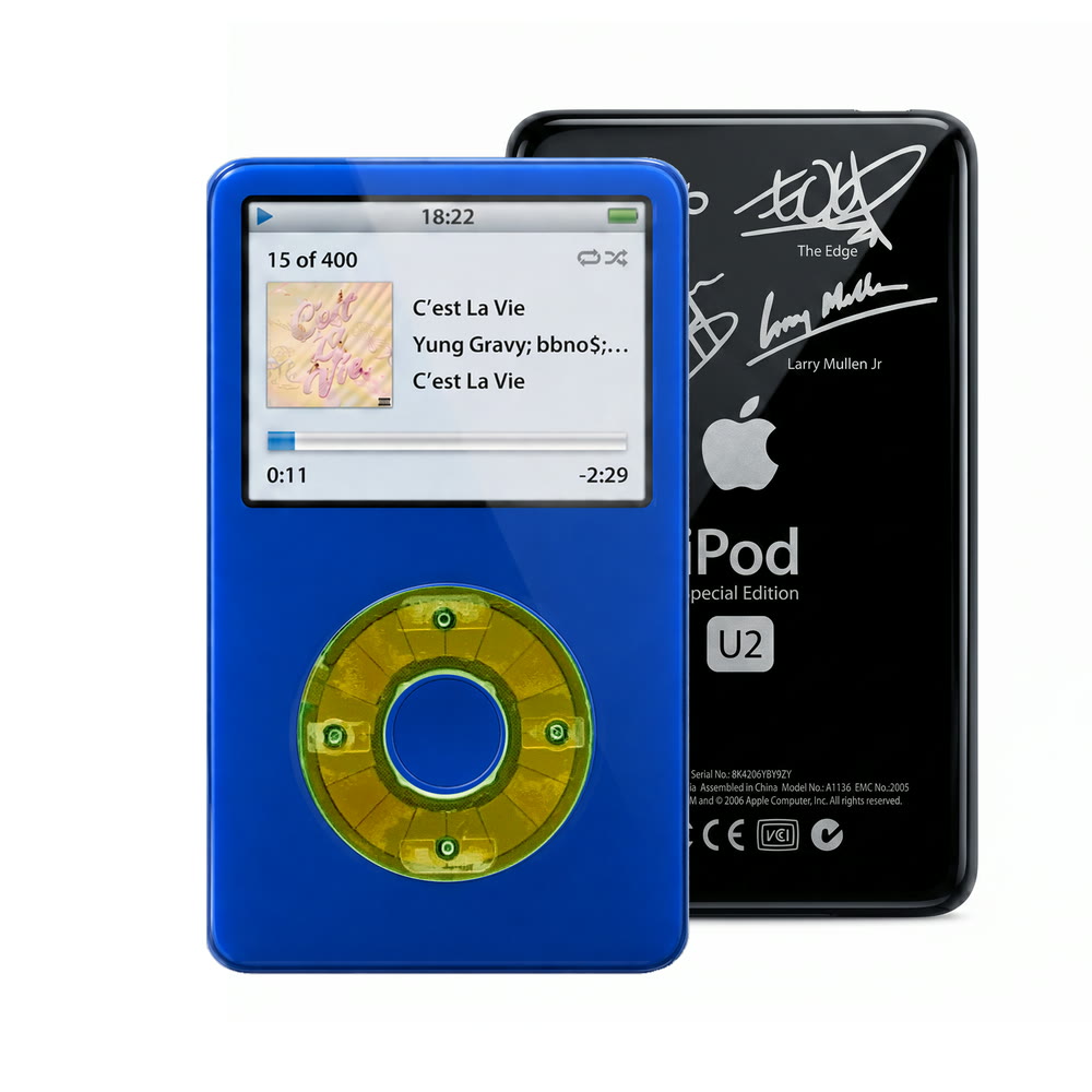 Blue refurbished iPod Video 5.5 Gen with Clear Silver Green click wheel and Black U2 back plate