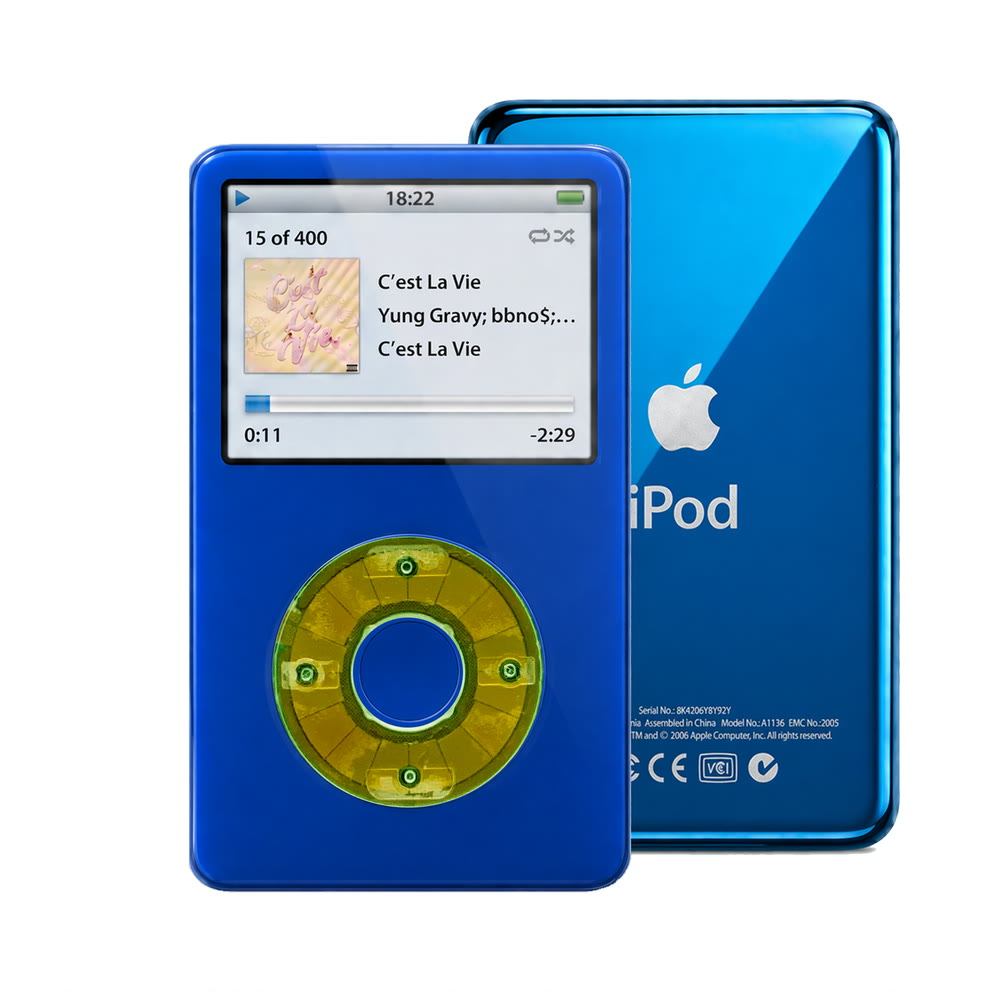 Blue refurbished iPod Video 5.5 Gen with Clear Silver Green click wheel and Blue back plate