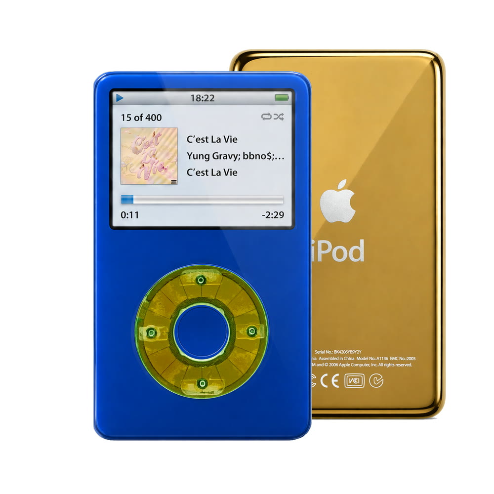 Blue refurbished iPod Video 5.5 Gen with Clear Silver Green click wheel and Gold back plate