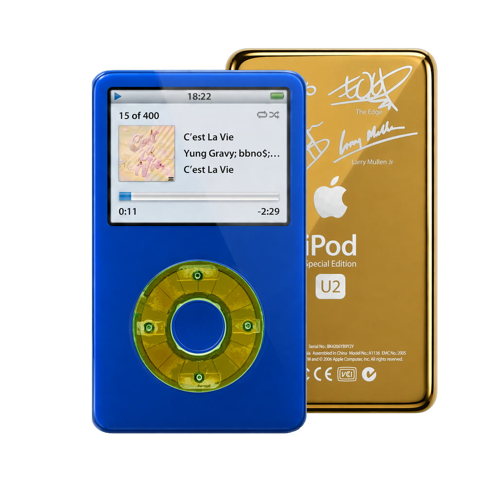 Blue refurbished iPod Video 5.5 Gen with Clear Silver Green click wheel and Gold U2 back plate