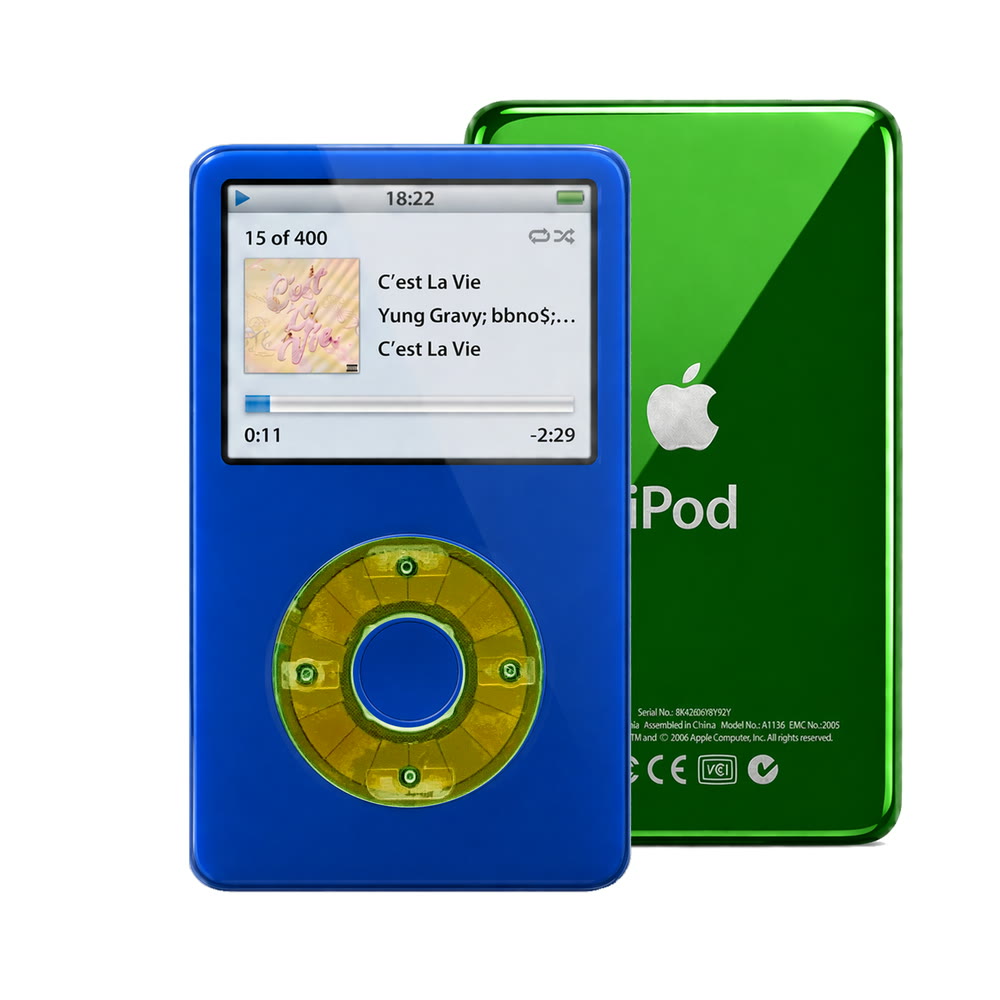 Blue refurbished iPod Video 5.5 Gen with Clear Silver Green click wheel and Green back plate
