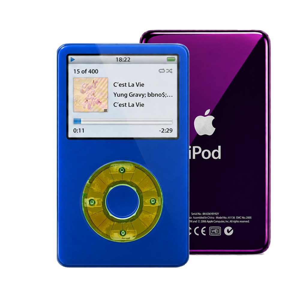 Blue refurbished iPod Video 5.5 Gen with Clear Silver Green click wheel and Purple back plate