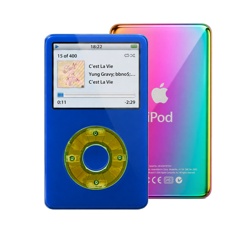 Blue refurbished iPod Video 5.5 Gen with Clear Silver Green click wheel and Rainbow back plate