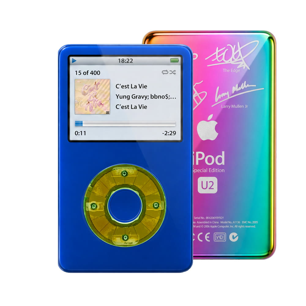 Blue refurbished iPod Video 5.5 Gen with Clear Silver Green click wheel and Rainbow U2 back plate