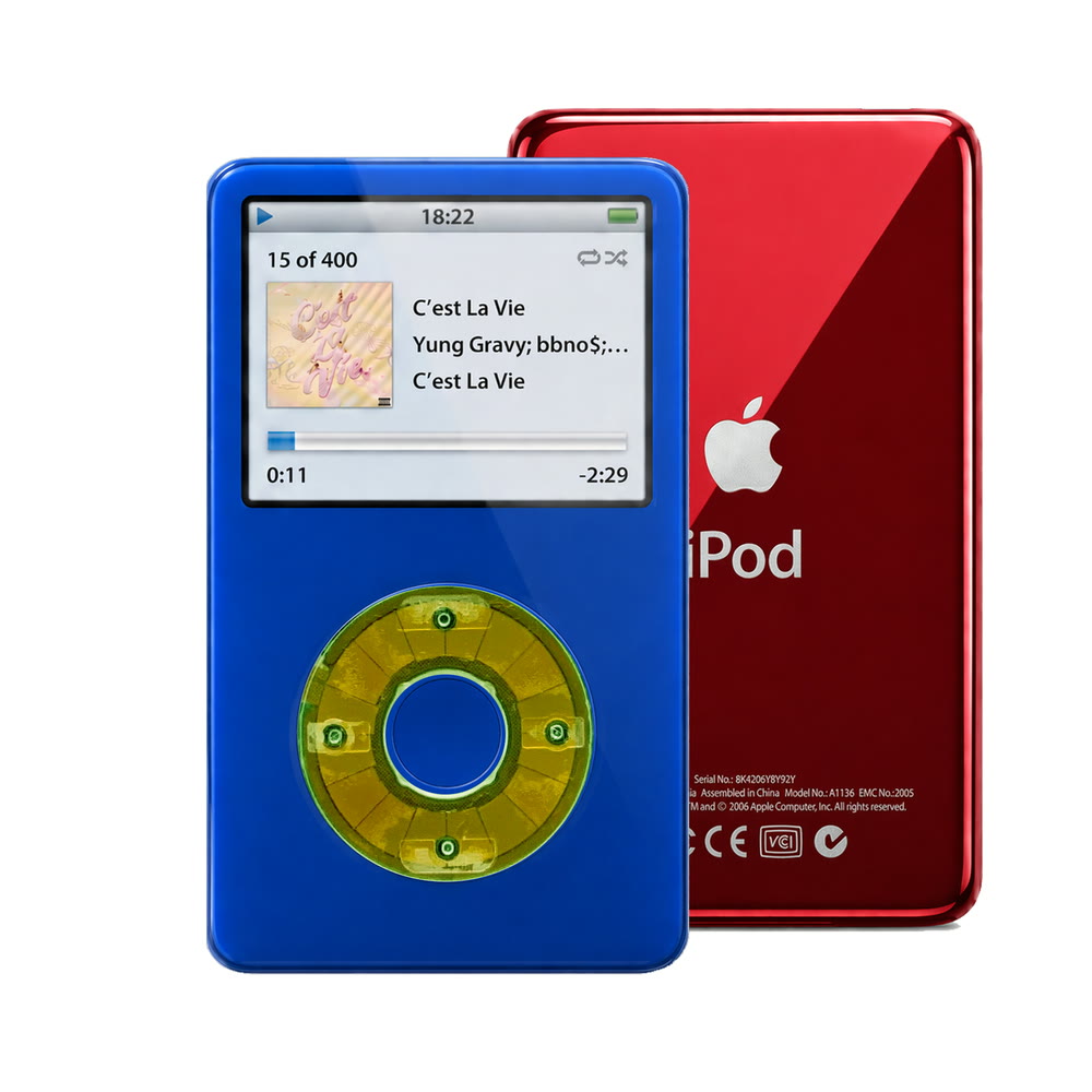 Blue refurbished iPod Video 5.5 Gen with Clear Silver Green click wheel and Red back plate
