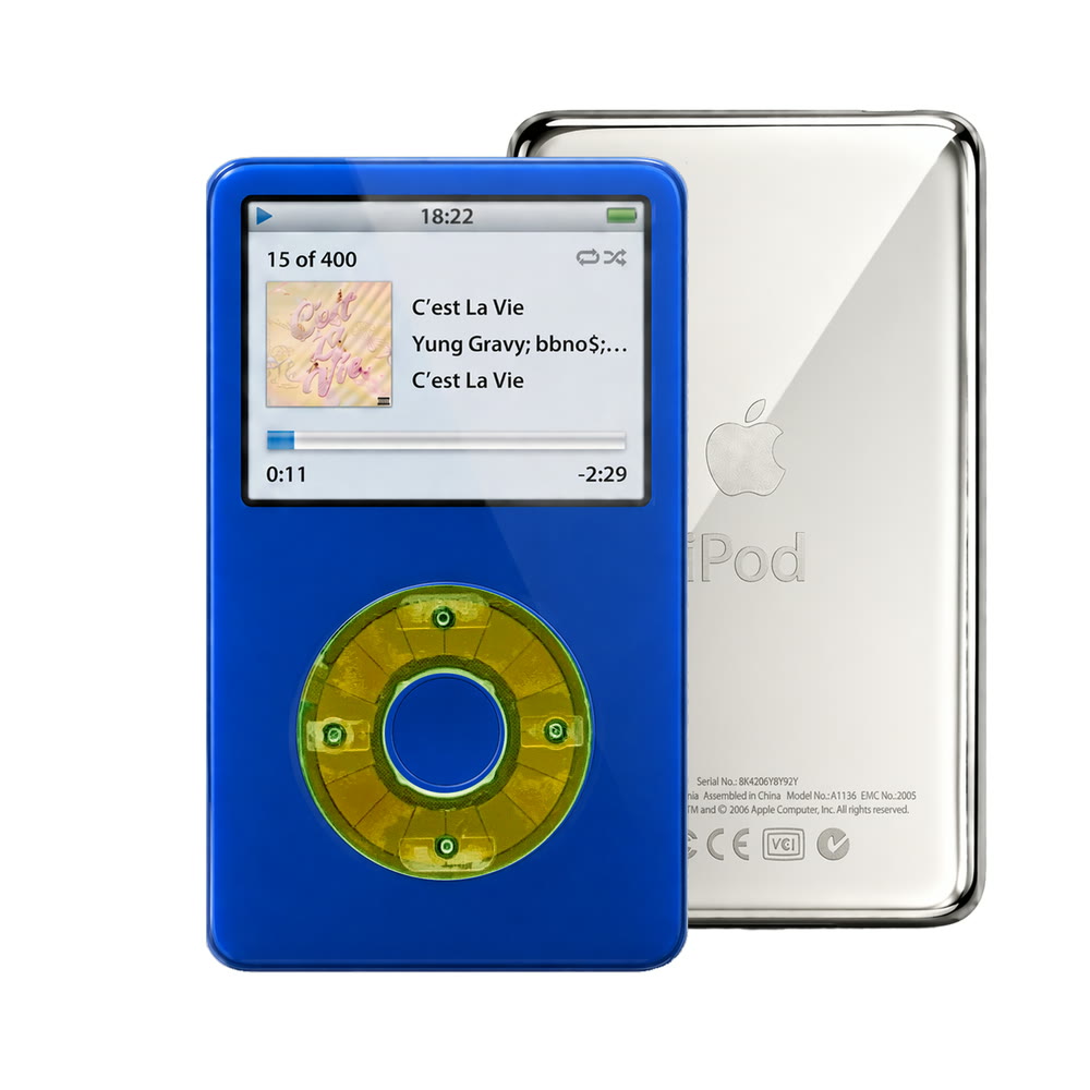 Blue refurbished iPod Video 5.5 Gen with Clear Silver Green click wheel and Silver back plate