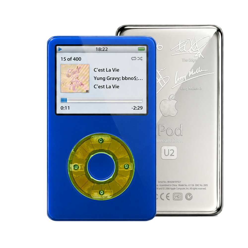 Blue refurbished iPod Video 5.5 Gen with Clear Silver Green click wheel and Silver U2 back plate