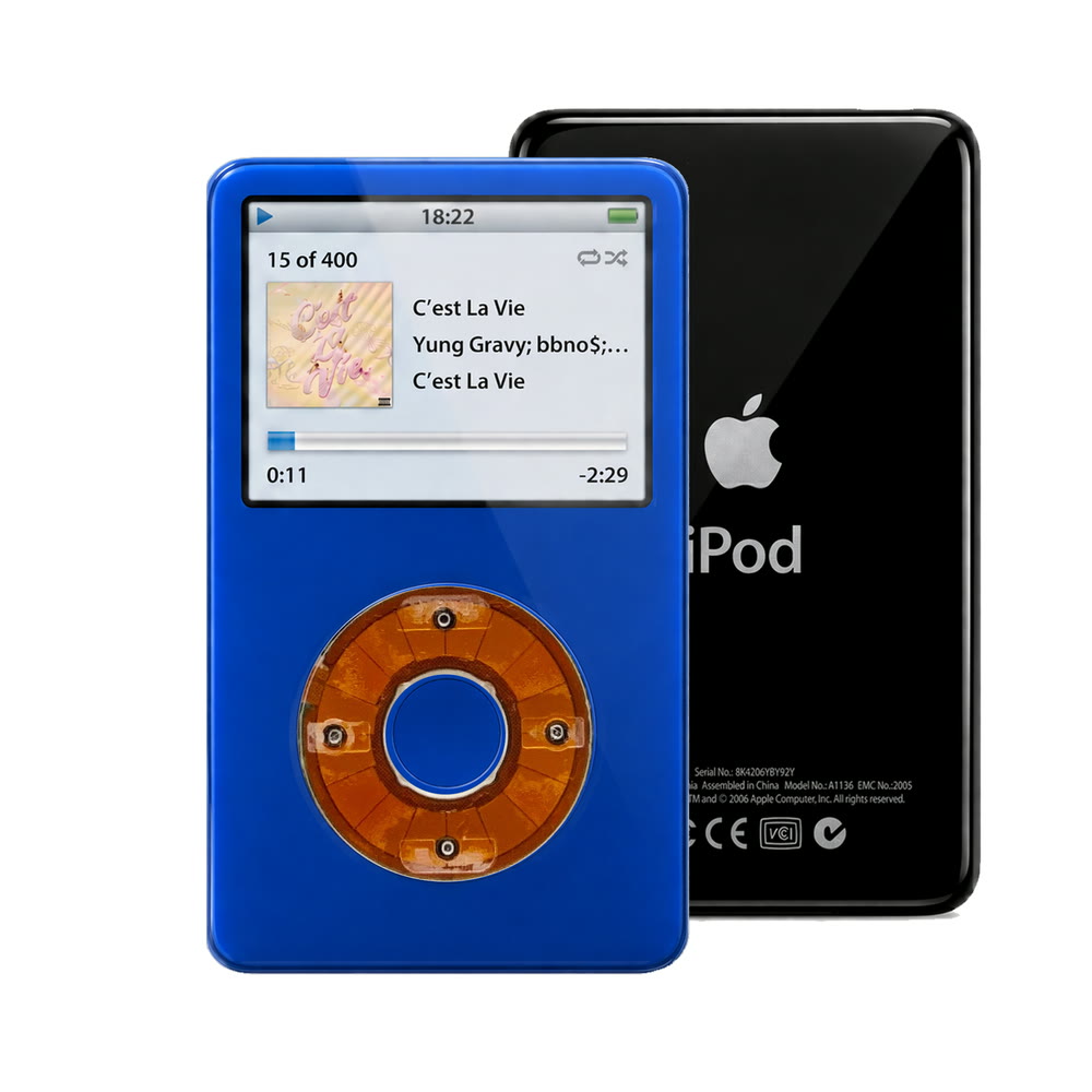 Blue refurbished iPod Video 5.5 Gen with Clear Yellow click wheel and Black back plate