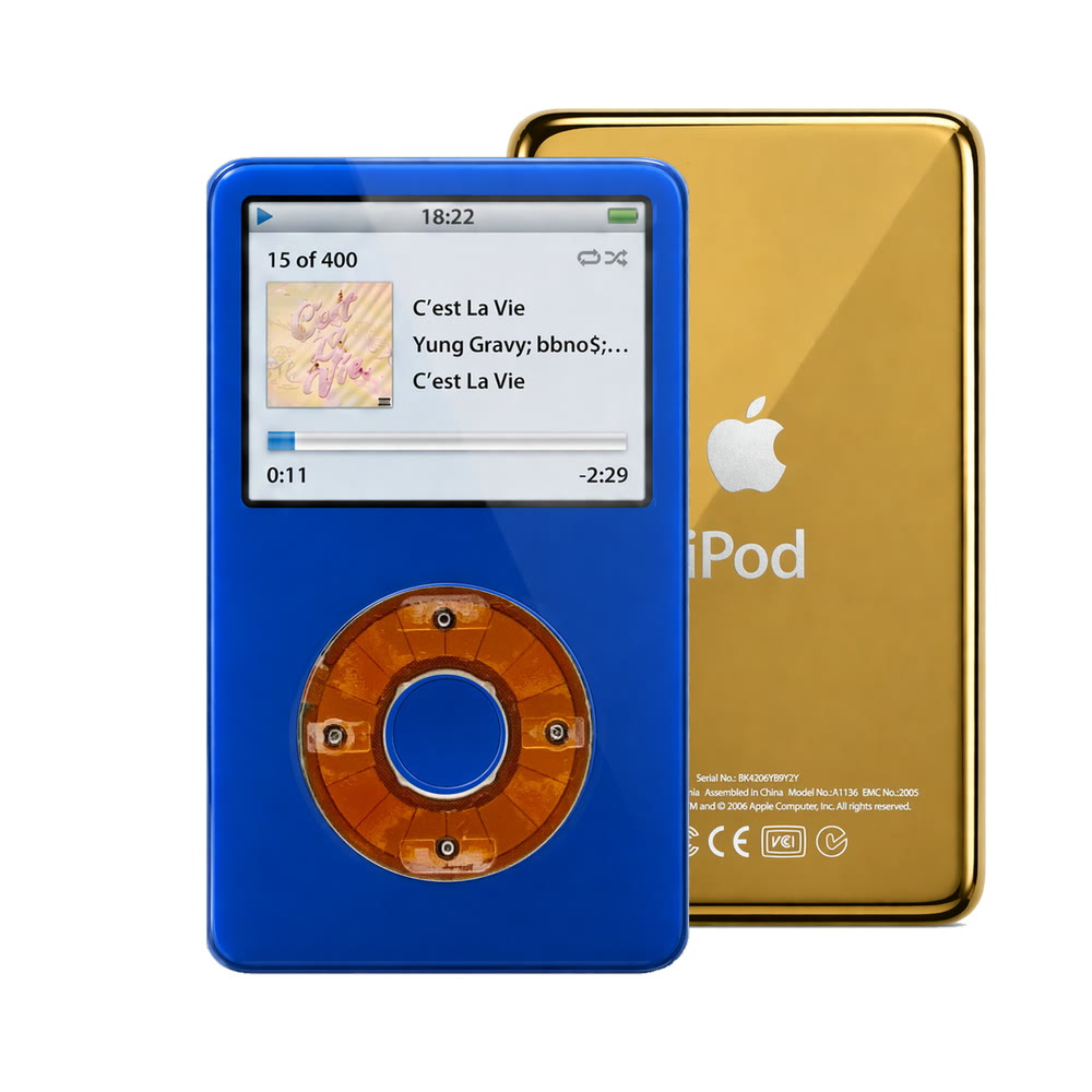 Blue refurbished iPod Video 5.5 Gen with Clear Yellow click wheel and Gold back plate