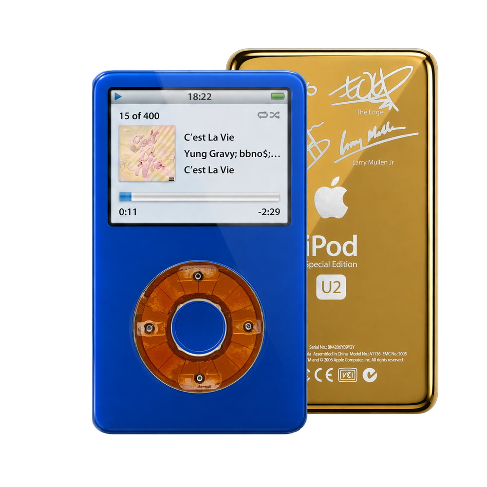 Blue refurbished iPod Video 5.5 Gen with Clear Yellow click wheel and Gold U2 back plate