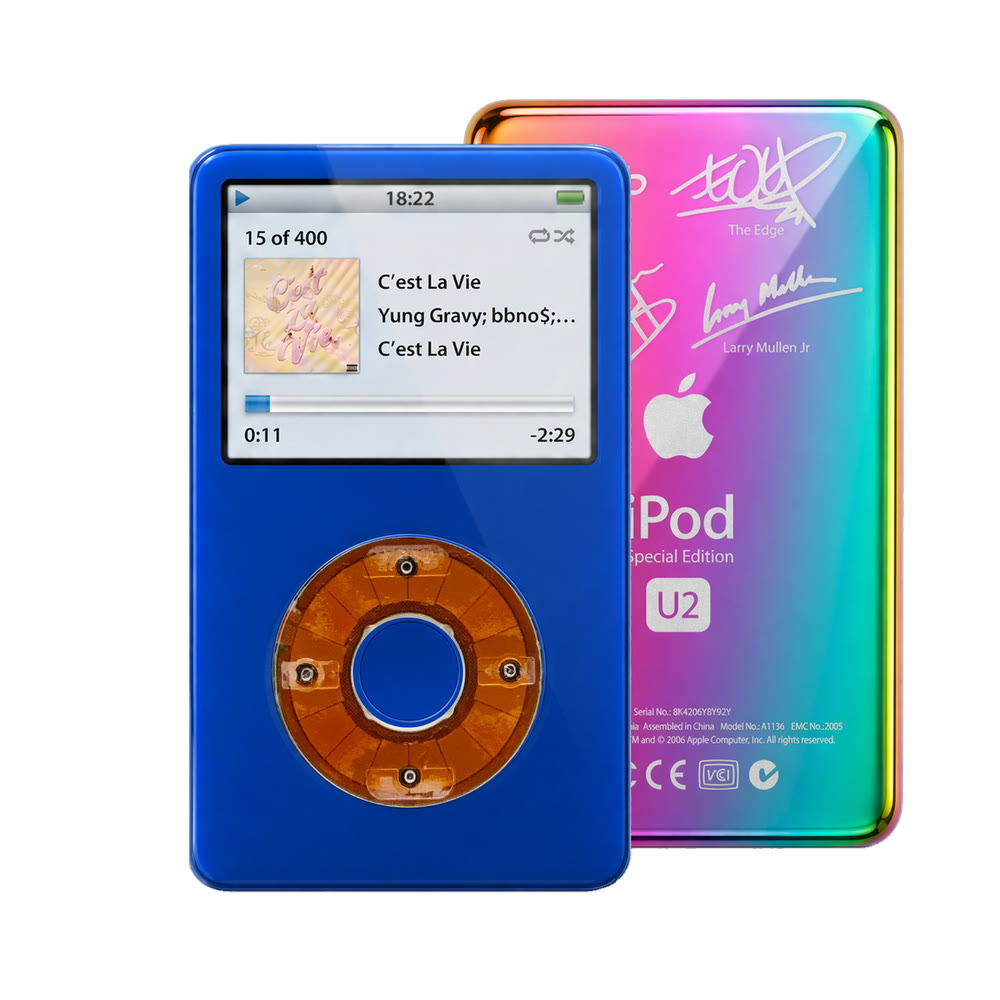Blue refurbished iPod Video 5.5 Gen with Clear Yellow click wheel and Rainbow U2 back plate
