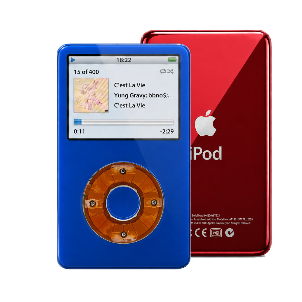 Blue refurbished iPod Video 5.5 Gen with Clear Yellow click wheel and Red back plate