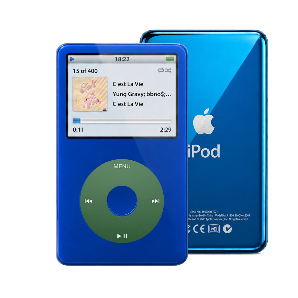 Blue refurbished iPod Video 5.5 Gen with Green click wheel and Blue back plate