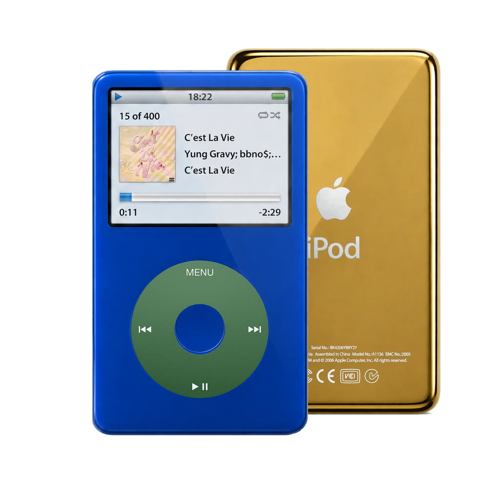 Blue refurbished iPod Video 5.5 Gen with Green click wheel and Gold back plate