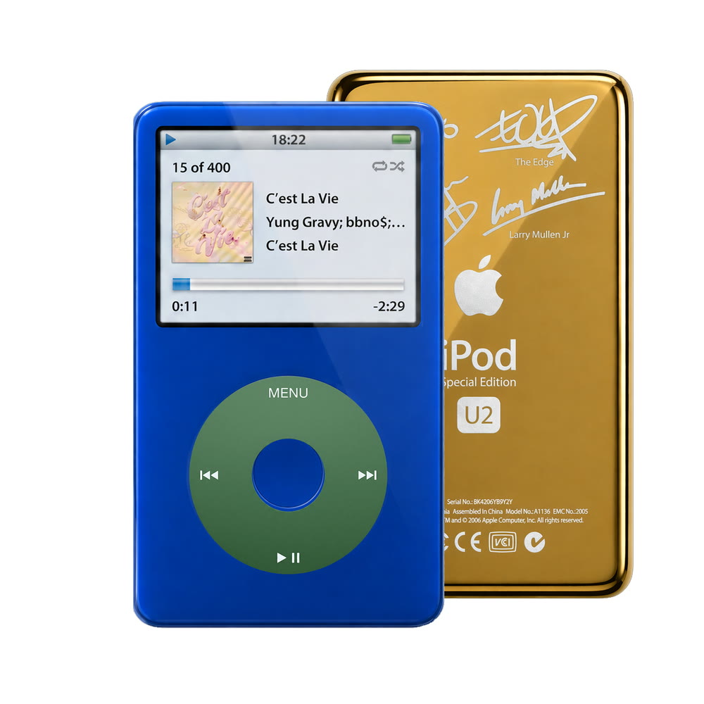 Blue refurbished iPod Video 5.5 Gen with Green click wheel and Gold U2 back plate