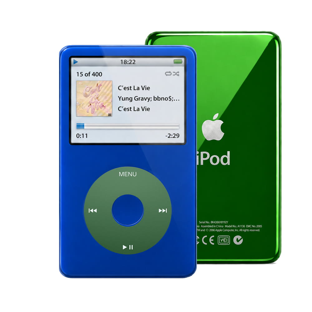 Blue refurbished iPod Video 5.5 Gen with Green click wheel and Green back plate