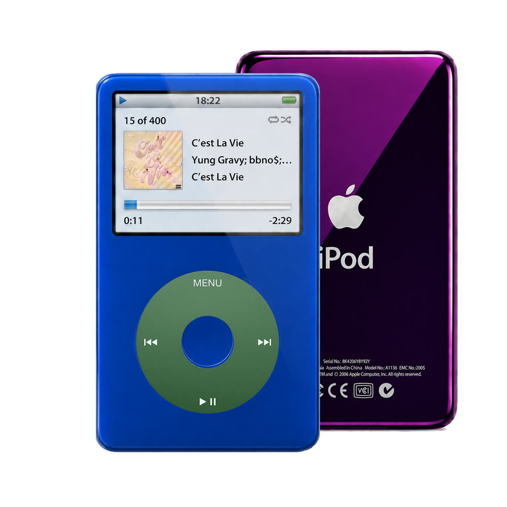 Blue refurbished iPod Video 5.5 Gen with Green click wheel and Purple back plate