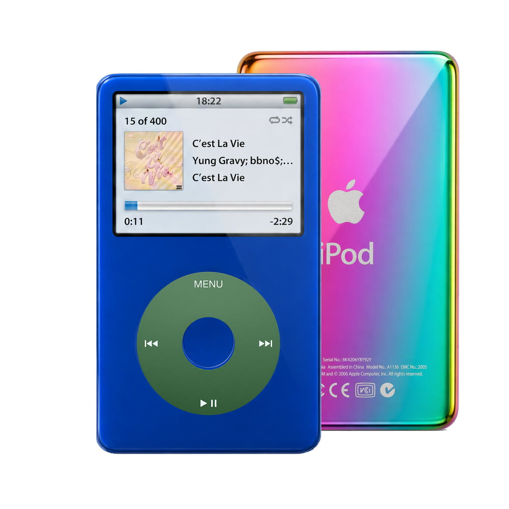 Blue refurbished iPod Video 5.5 Gen with Green click wheel and Rainbow back plate