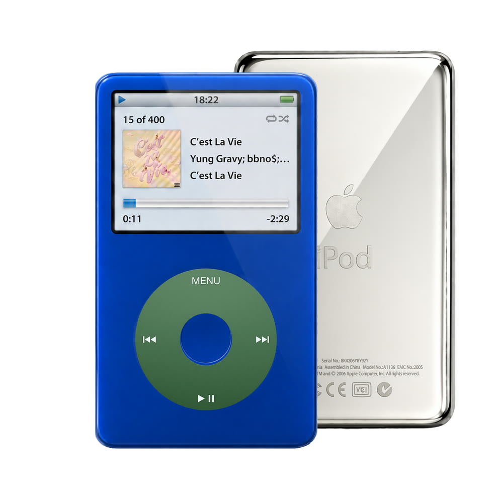 Blue refurbished iPod Video 5.5 Gen with Green click wheel and Silver back plate