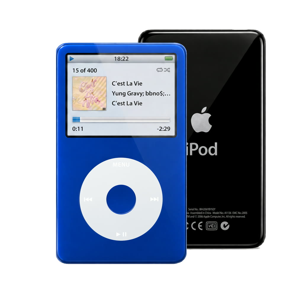 Blue refurbished iPod Video 5.5 Gen with Gray click wheel and Black back plate