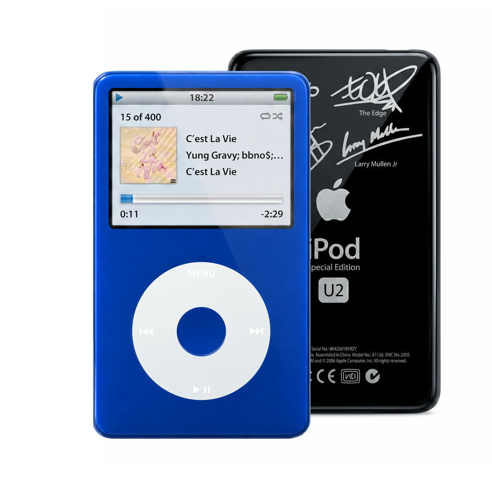 Blue refurbished iPod Video 5.5 Gen with Gray click wheel and Black U2 back plate