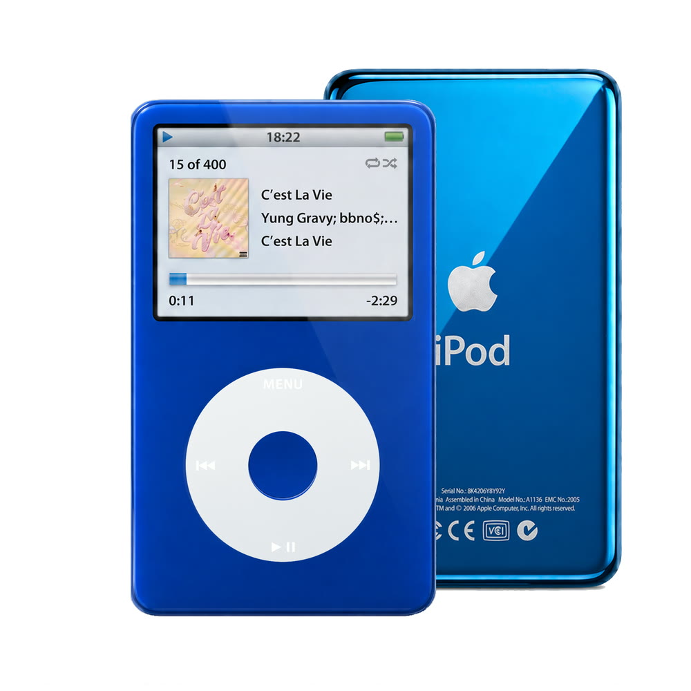 Blue refurbished iPod Video 5.5 Gen with Gray click wheel and Blue back plate