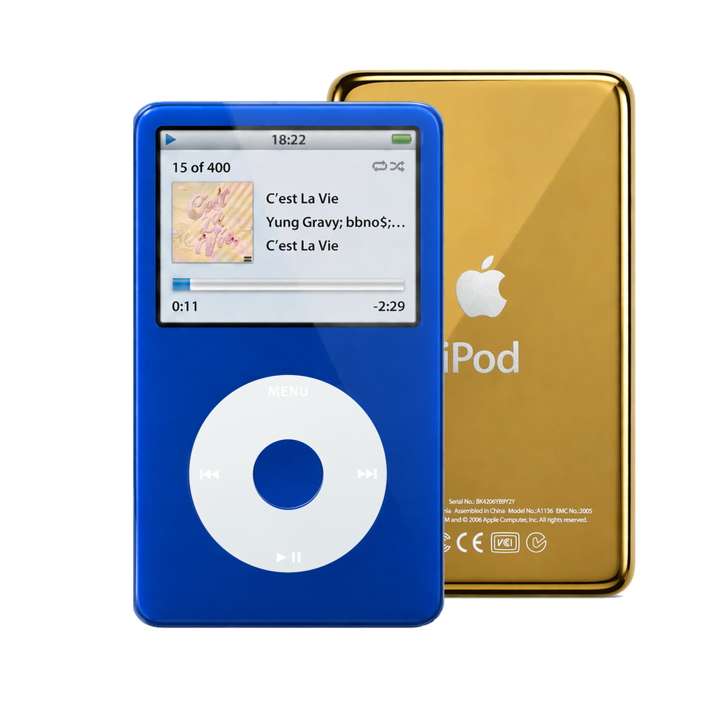 Blue refurbished iPod Video 5.5 Gen with Gray click wheel and Gold back plate