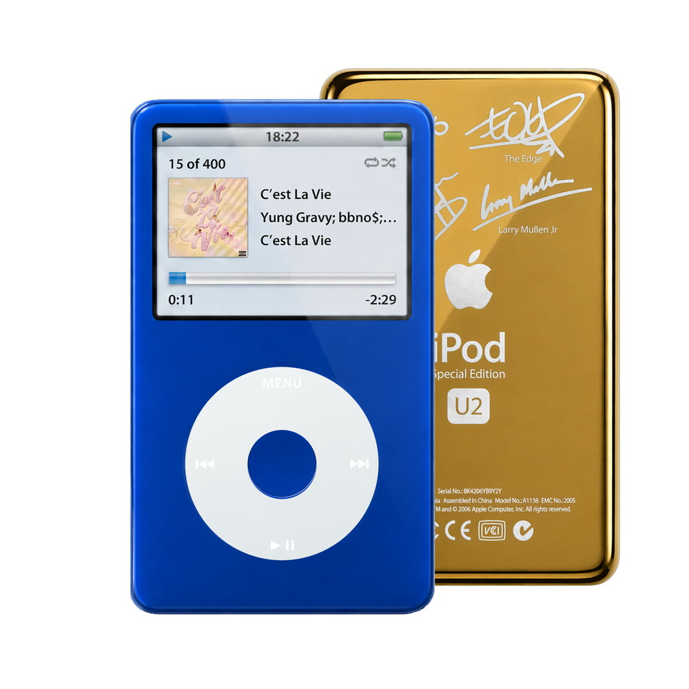 Blue refurbished iPod Video 5.5 Gen with Gray click wheel and Gold U2 back plate