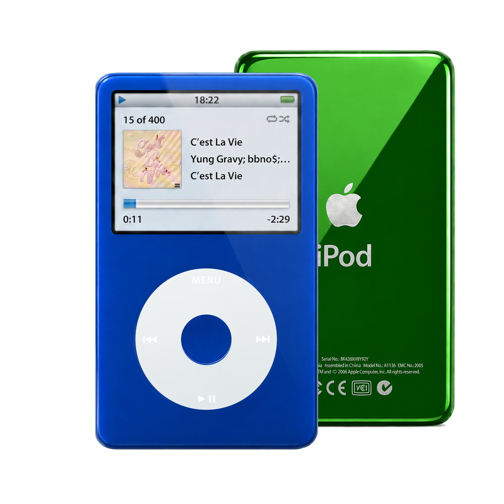 Blue refurbished iPod Video 5.5 Gen with Gray click wheel and Green back plate