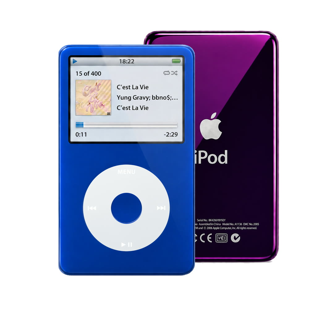 Blue refurbished iPod Video 5.5 Gen with Gray click wheel and Purple back plate