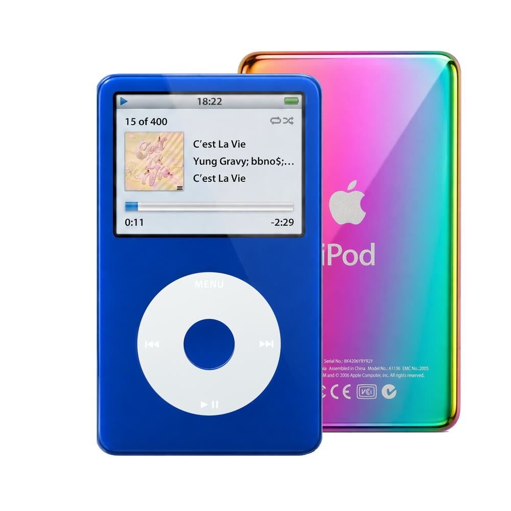 Blue refurbished iPod Video 5.5 Gen with Gray click wheel and Rainbow back plate
