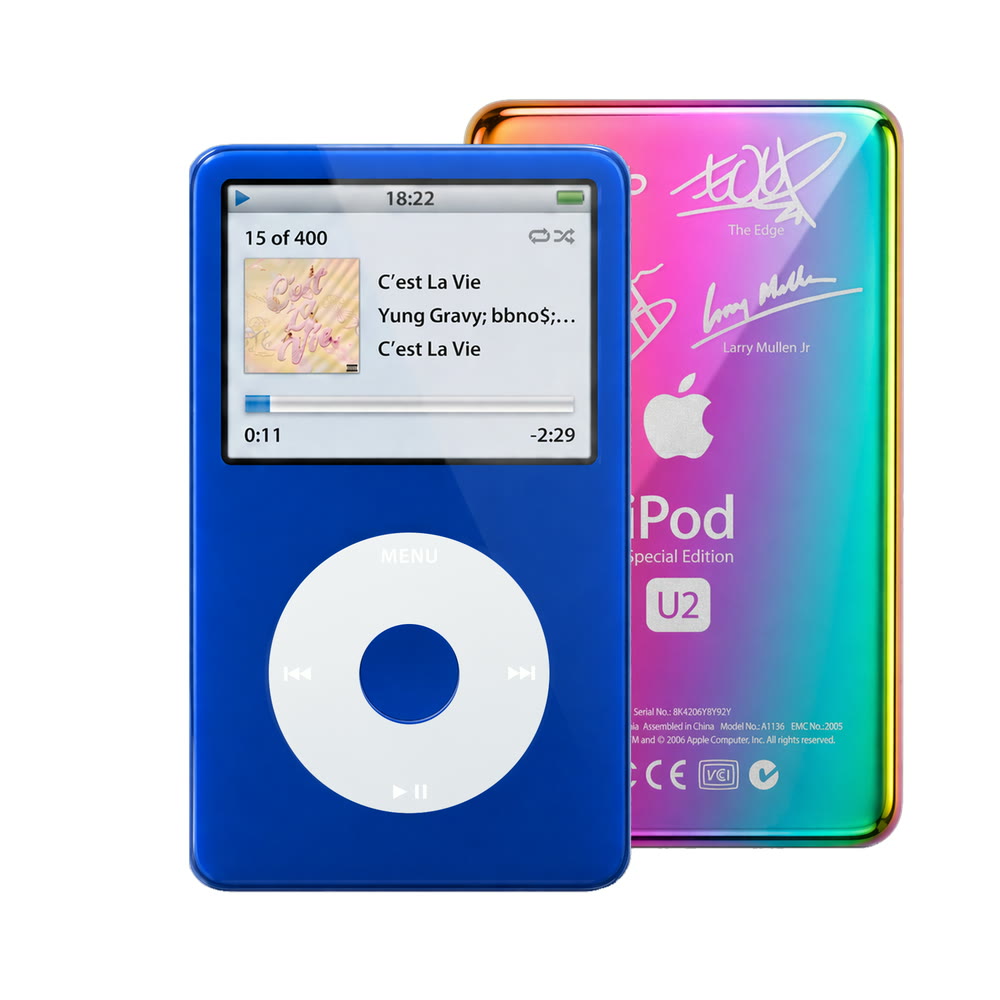 Blue refurbished iPod Video 5.5 Gen with Gray click wheel and Rainbow U2 back plate