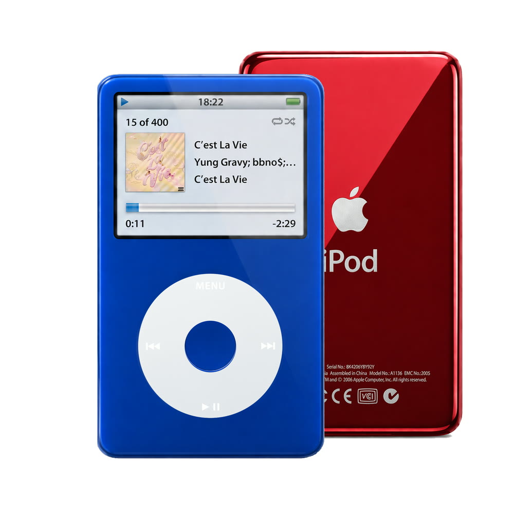Blue refurbished iPod Video 5.5 Gen with Gray click wheel and Red back plate