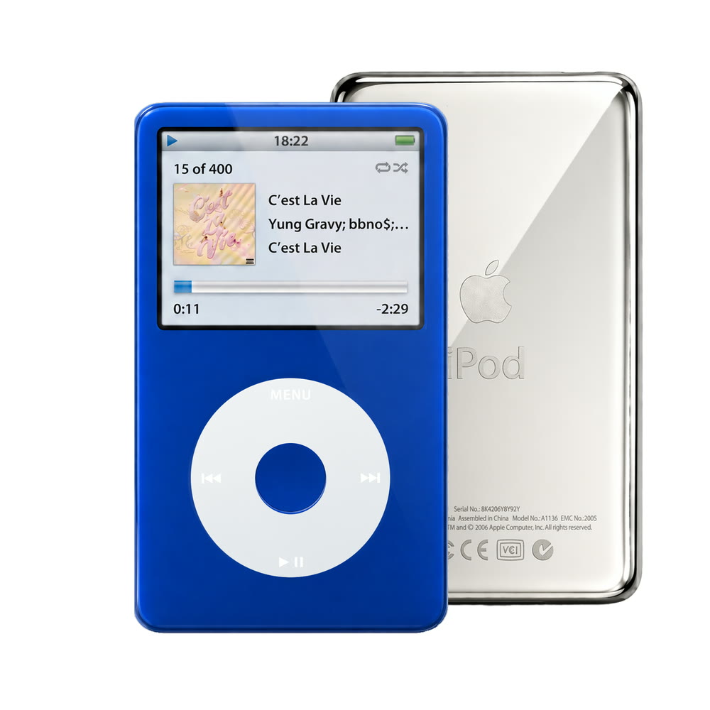 Blue refurbished iPod Video 5.5 Gen with Gray click wheel and Silver back plate