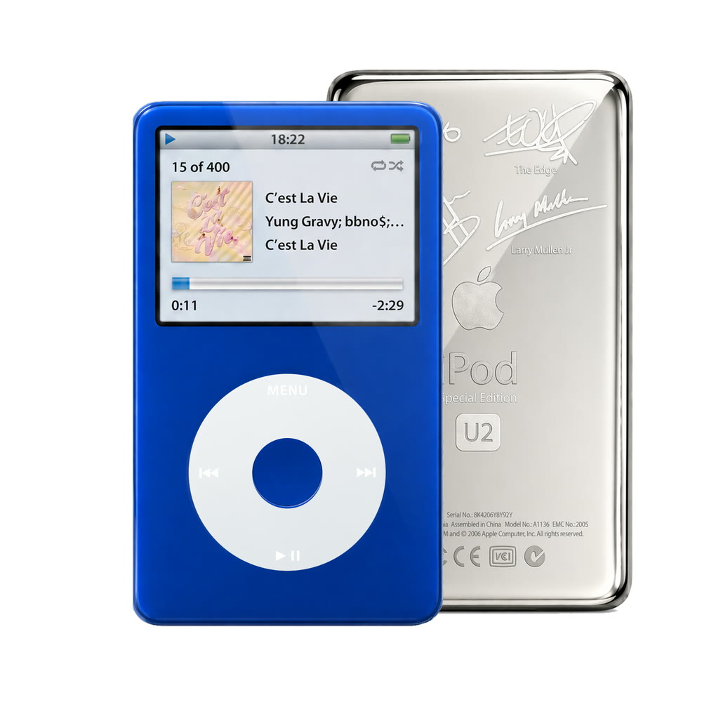 Blue refurbished iPod Video 5.5 Gen with Gray click wheel and Silver U2 back plate