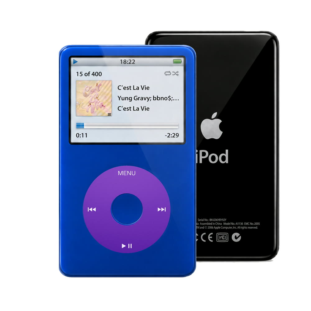 Blue refurbished iPod Video 5.5 Gen with Purple click wheel and Black back plate